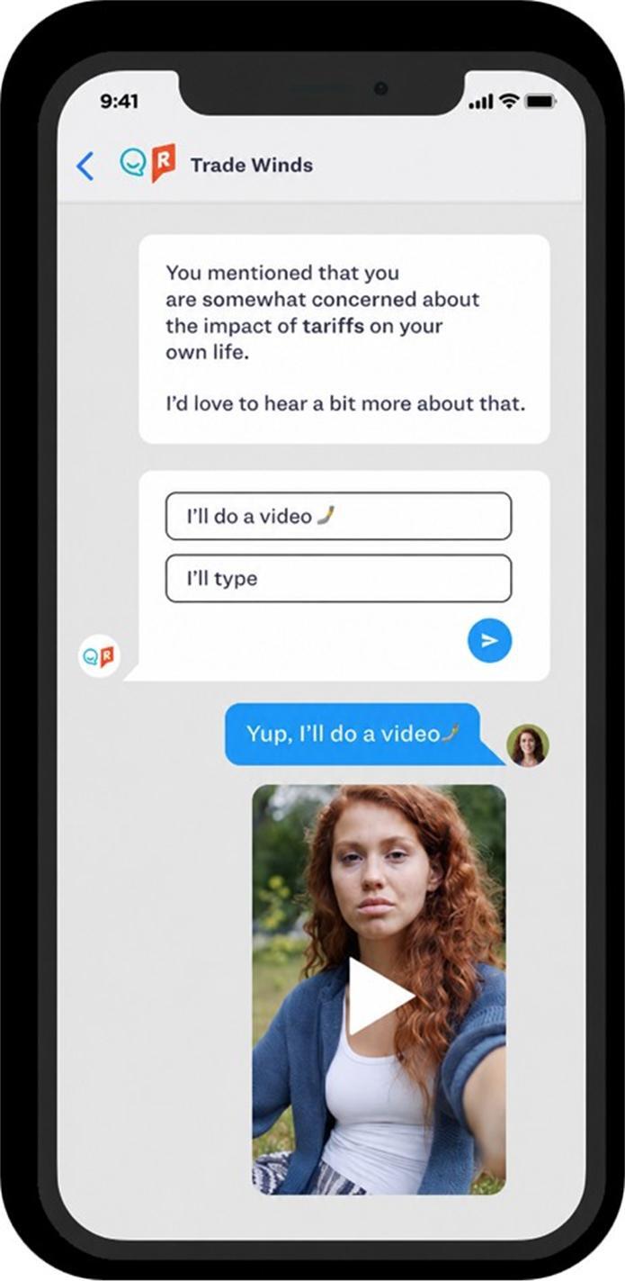 Rival mobile research chat interface showing a conversational survey about tariff concerns